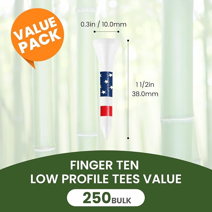 FINGER TEN Short Golf Tees 1 1/2 Inch Wood for Par 3 & Iron Shots Bulk 250/500 Pack, Bamboo Tee for Stable Low-Tee Height in Natural, Red, and USA Flag