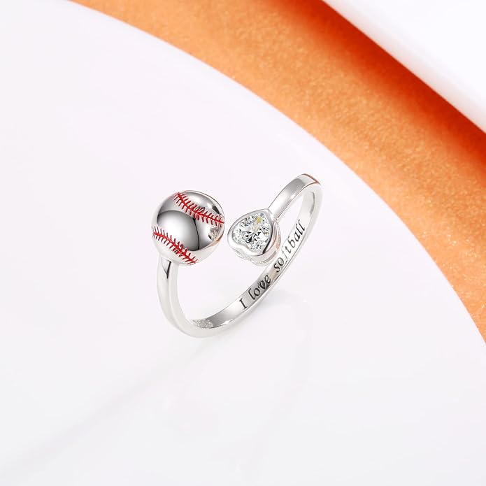 925 Sterling Silver Basketball Softball Baseball Football Tennis Racket Ring Adjustable Sports Jewelry Gifts for Women Player Mom