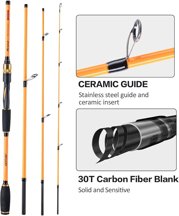 Goture 4-Piece Travel Carbon Fishing Rod M/MH Action 6.6-12ft Multi-Colors | Goture multi-spec travel fishing rods adopt upgraded high-grade carbon fiber blank with premium Fuji line guides