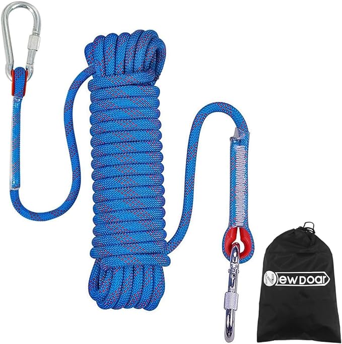 NewDoar Climbing Rope 8(5/16in),10mm (3/8in), High Strength Accessory Cord Rope with 2 Steel Hooks, for Outdoor Rescue Rappelling Rope Down Cliffs ledges Safety Escape Tow Strap Equipment(Blue)
