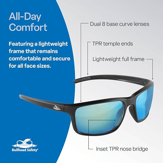 Bullhead Safety Eyewear Crevalle Glasses - Anti-Fog, Lightweight, Impact/Scratch Resistant, Polarized Sunglasses for Biking, Fishing, Driving, Ice Blue Mirror/Matte Black