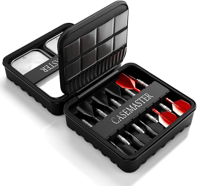 Casemaster Maxx 3 Dart Case, Holds 9 Steel Tip or Soft Tip Darts Fully Assembled, Hard Shell EVA Darts Case, 16 Accessory Pockets, Red