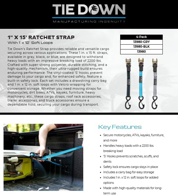 Tie Down 1 inch x 15 ft Blue Ratchet Strap, 4-Pack Kit - 2200 lbs. Breaking Load Limit