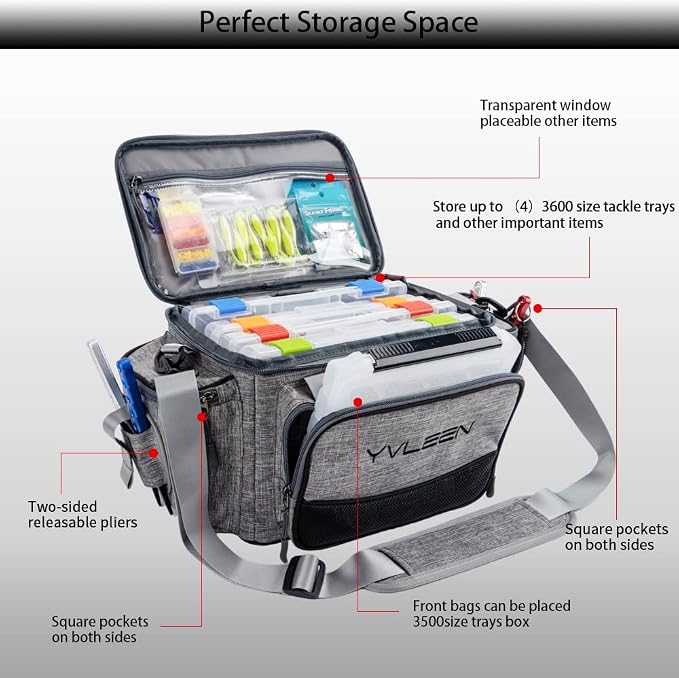 YVLEEN Fishing Tackle Box Bag - Outdoor Large Fishing Tackle Storage Bag - 100% Water-Resistant Polyester Material - Fishing Tackle Bags - Suitable for 3600 Tackle Box