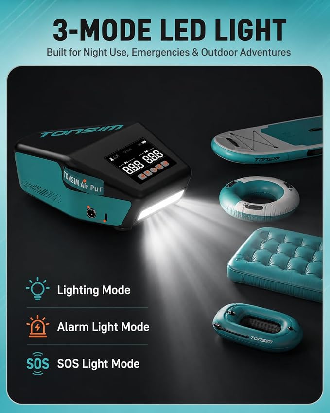 Tonsim Electric Paddle Board Pump Rechargeable 20 PSI, 15600mAh Cordless SUP Pump with 4 Modes, Dual-Stage Inflation & Deflation, Auto-Off, 12V DC Car Connector, LED Light, Black