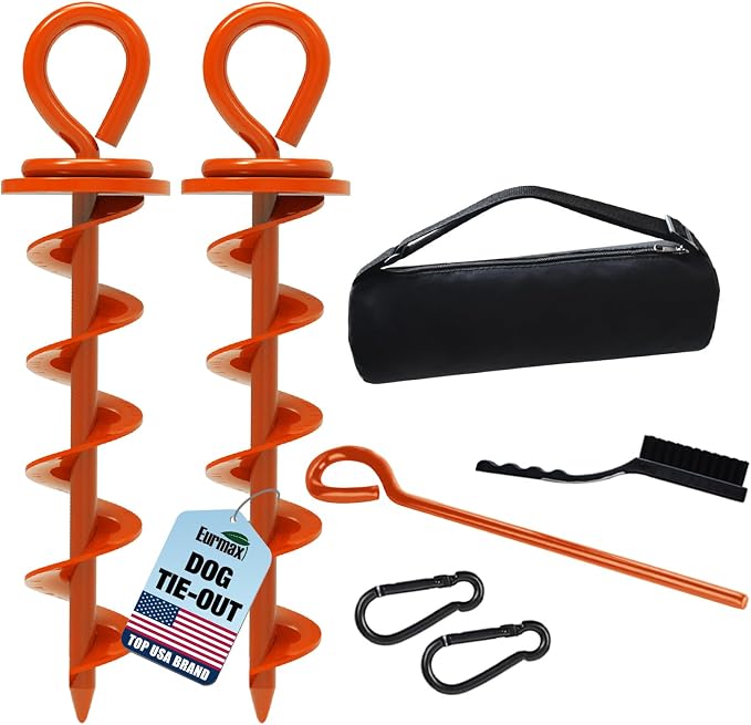 Eurmax USA 2-Pack Heavy Duty Dog Tie Out Stake, No-Tangle In Ground Anchor Runner for Large Dogs up to 210 Lbs - Perfect for Yard, Beach and Camping (Medium,Orange)