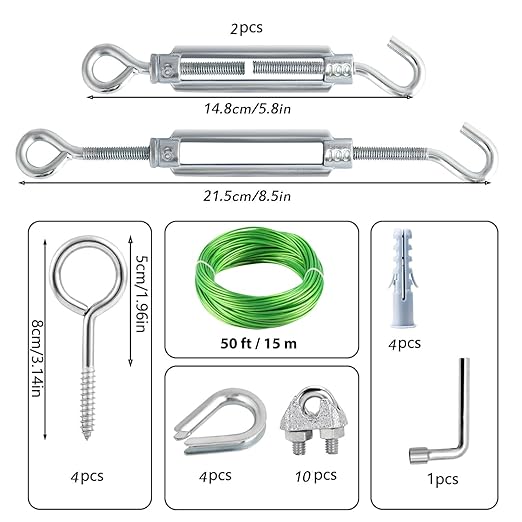 50Ft Clothes Line Outdoors, Green PVC Coated Steel Cable Clip Kit, Multi-use Turnbuckles for Cables Wires/Clothesline Wire/Grape Vine/String Light Hanging Kit