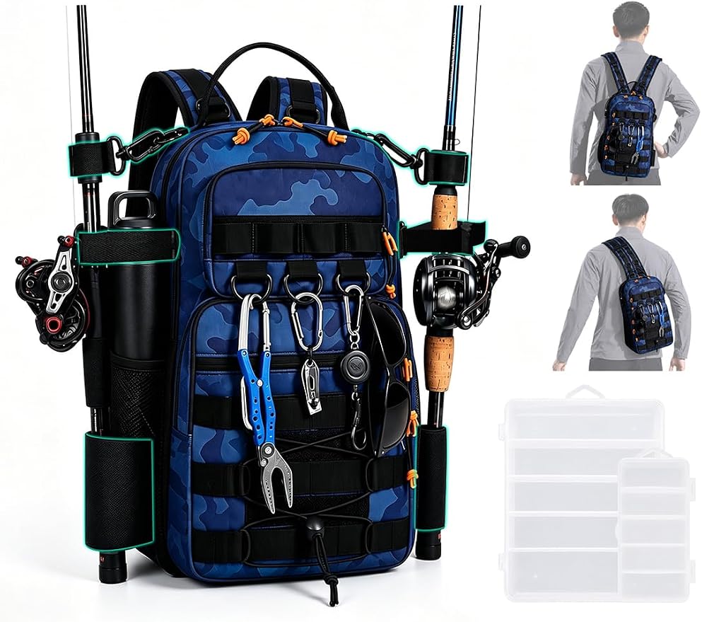 2 in 1 Compact Tactical Fishing Backpack with Tackle Boxes, Lightweight Waterproof Tackle Bag Fit 2 * 3600 Tackle Boxes, 2 Rod Holders Storage, Fishing Accessories Gift for Men Blue