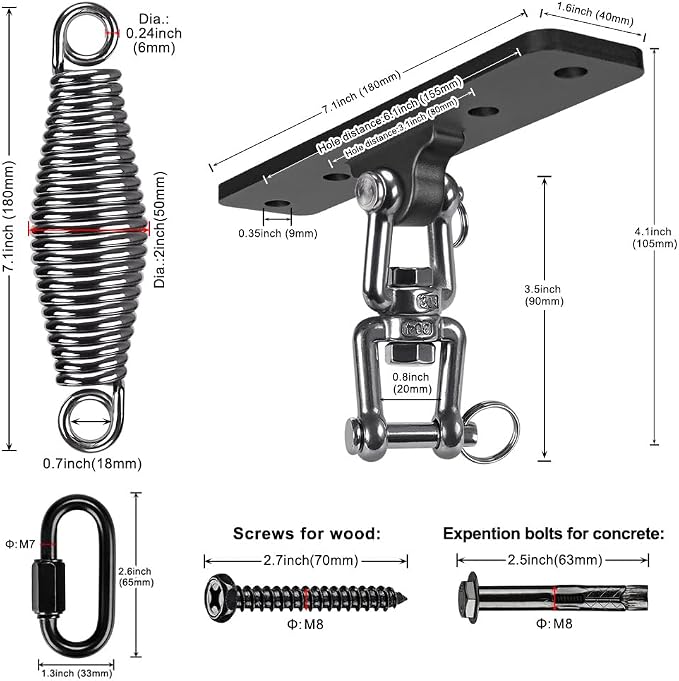 Dolibest Hanging Kits Hammock Chair Hardware, Heavy Duty Swing Hanger with Spring (6MM) for Indoor Outdoor Playground Hanging Chair Hammock Chair Punching Bags, 4 Screws, 4 Expansion Screws