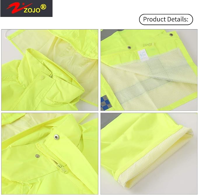 zojo High Visibility Safety Rain suit, Jacket, Pants High Visibility Reflective Rain Coats (Yellow-2XL)