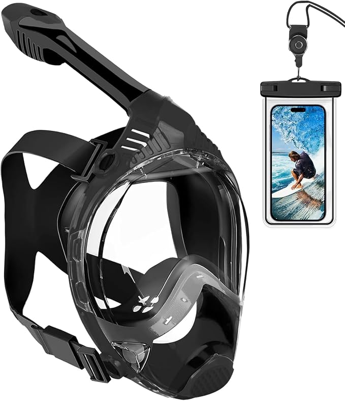 VGKE Full Face Snorkel Mask for Adults, Snorkeling Gear with Waterproof Phone Pouch, Unisex for Men and Women, 180-degree HD Panoramic View, Anti-Leak & Anti-Fog, Breathe Freely