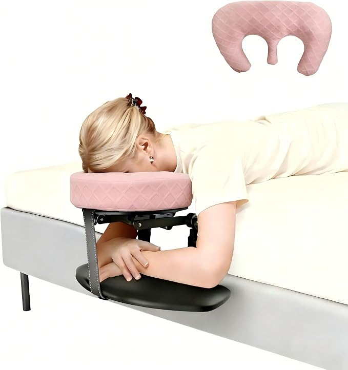Massage Headrest for Bed, Adjustable Massage Face Cradle at Home, Portable Massage Table Kit for Sleeping Mattress, Face Down Pillow After Eye Surgery (Pink, with Armrest Shelf & Breast Pillow)