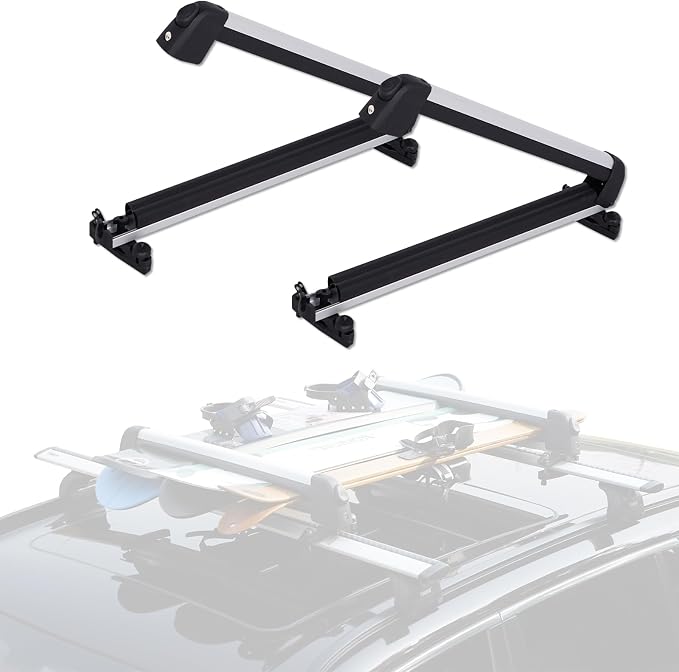 Ski and Snowboard Roof Racks with Anti-Theft Lock, 24.3" Universal Ski Roof Rack Carrier - Fits 6 Pairs Skis or 4 Snowboards, Silver