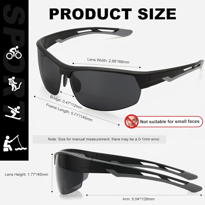 Missfive 2 Pack Mens Preferred Bifocal Sunglasses with Readers Built in, Sporty Semi-Rimless Wrap Dark Reading Glasses UV400 Protection, Adjustable Nose Pad Sun Reader for Outdoor/Driving 1.5x