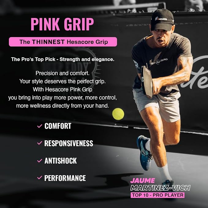 Hesacore Pickleball Bundle – Standard Grip Pink Size XS (5.25”) + Hesatac Overgrip White Tape 12-Pack – Anti-Sweat Control, Enhanced Stability, Reduced Vibration