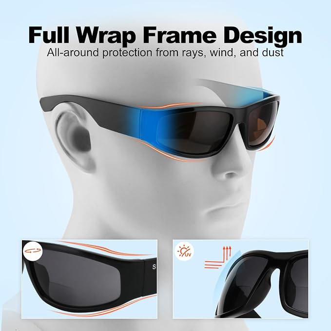 2 PACK Unbreakable Bifocal Reading Sunglasses for Men, Wrap Around Sun Reader Heavy Duty Temple UV400 Outdoor Sports Driving Finshing (Black & Grey +1.5)