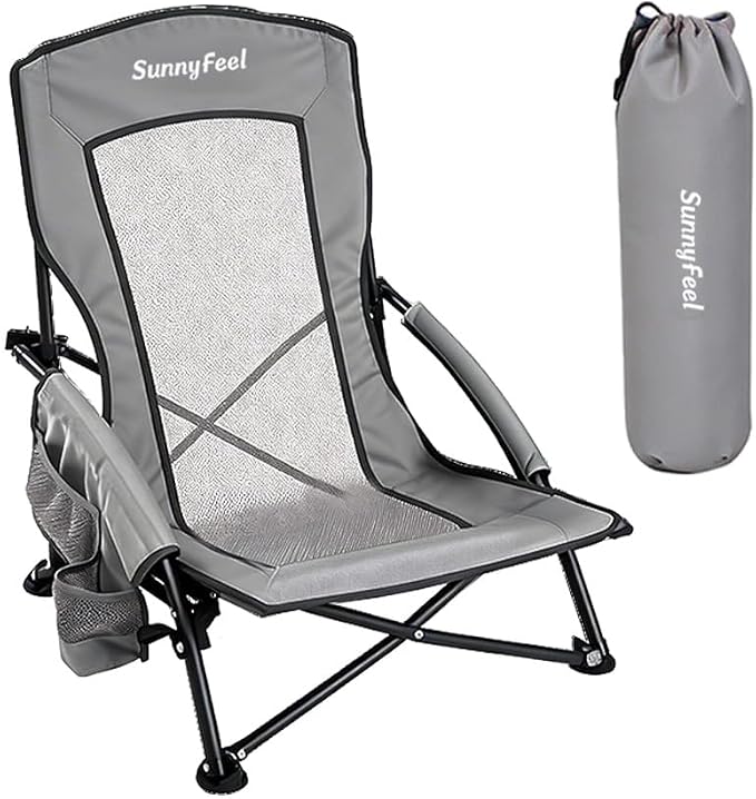 SUNNYFEEL Folding Low Camping Beach Chair 2 Pack, Lightweight Portable Lawn Chair with Mesh Back, Cup Holder for Outdoor/Travel/Picnic/Concert, Foldable Camp Backpack Chair with Carry Bag