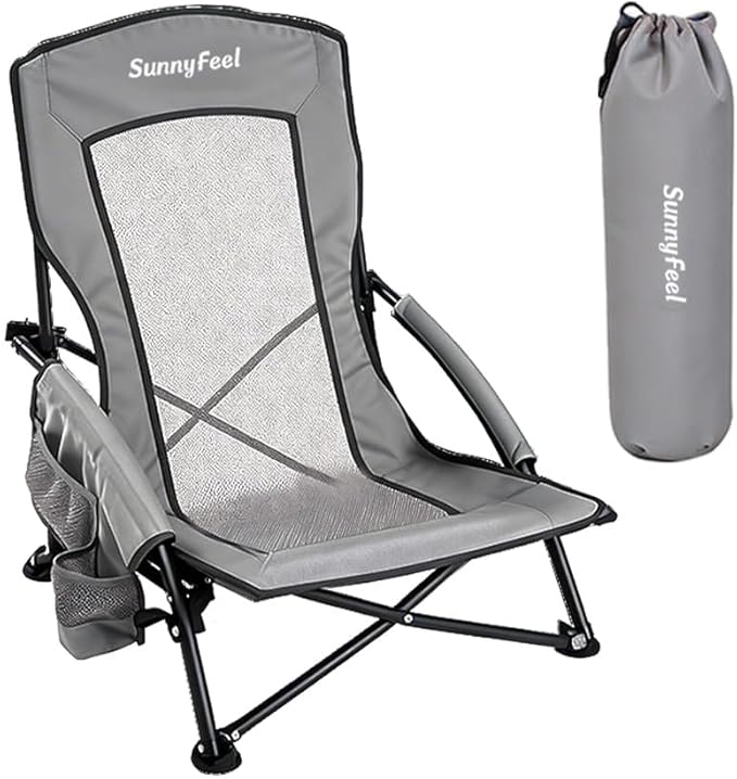 SUNNYFEEL Low Folding Beach Chair for Adults, Portable Lightweight Sling Beach Camping Chairs with Cup Holder, Armrest,Foldable Camp Lawn Chair for Outdoor Sand Concert Travel Sport Events,300LBS