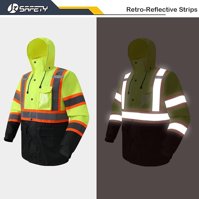 JKSafety Hi-Vis Reflective Safety Rain Jacket for Men Women Waterproof Rain Gears for Farming Fishing Work HV Rain Jacket with Inner Mesh Lining and Pockets (117A-YBlk M)