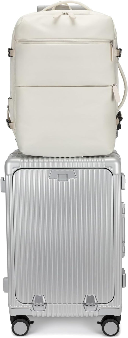 feilario 2 Piece Set Aluminium Frame PC Hard Shell Spinner Wheels Luggage,20.8"X15"X8.7 Airline Approved Built-In TSA lock Carry on Suitcase, with Cup Holder, USB Port, Phone Holder