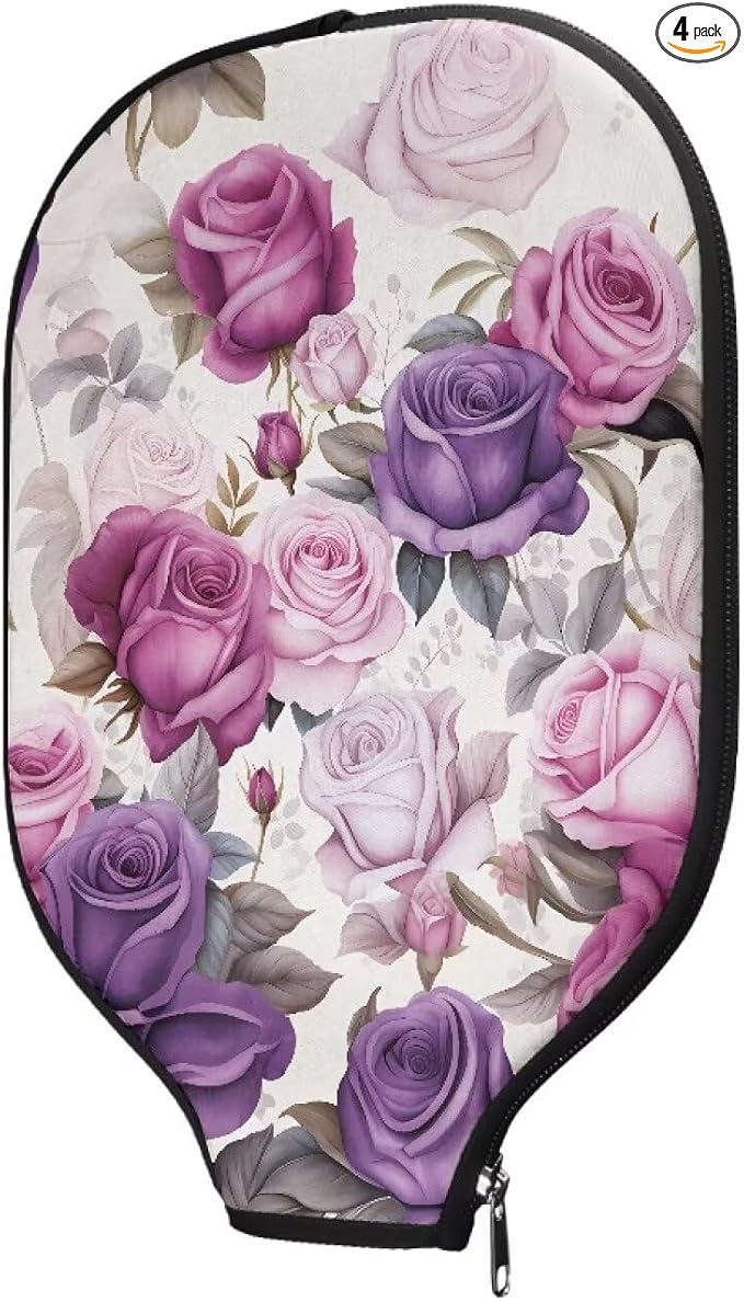 Roses Set of 4 Pickleball Paddle Cover Portable Pickle Ball Rackets Cases Zipper Closure 8.7 X 11.4 in Pickleball Racket Carry Sleeve Pickleball Paddle Covers for Women Fits Most Paddle