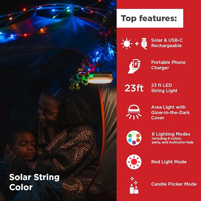 LuminAID Color Solar String Light with Phone Charger - Multicolor Tent Lights for Camping - 23 ft Rechargeable String Lights Perfect for Camping, Backyard, Patio, RVs, Outdoor, Power Outages (1 Pack)