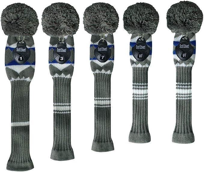 Scott Edward Knit Golf Club Cover for Woods and Driver Set of 5 Head Covers Protect Driver Wood(460cc)* 1 Fairway Wood*2 and Hybrid/UT*2 with Rotating Club Number Tags