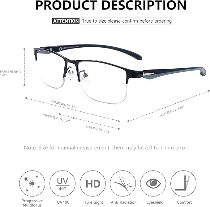 SKYOAK 2 Pack Premium Quality Progressive Multifocus Half Frame Reading Glasses for Men, No-Line Blue Light Blocking Computer Readers Multifocal Eyeglasses with TR90 Temples, Black and Gunmetal +3.5x