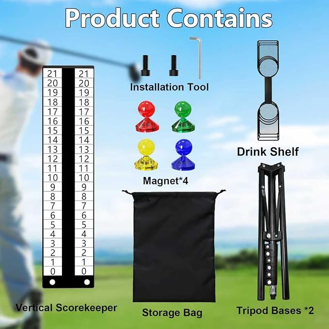Cornhole Scoreboard with Drink Holder, Height Adjustable Foldable Cornhole Score Keeper with Storage Rack Includes 4 Magnets, 1 Storage Bag, Suitable for Outdoor Yard Games
