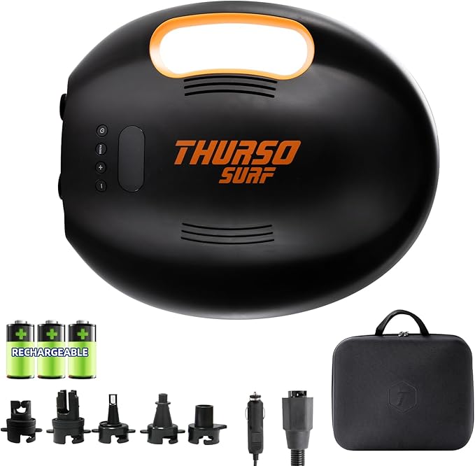 THURSO SURF 20PSI Rechargeable SUP Air Pump Digital Electric Paddle Board Pump 144W 4000mah Dual Stage Auto-Off Portable Inflation Deflation 12V DC Car Connector Battery Air Pump for Kayaks Boats