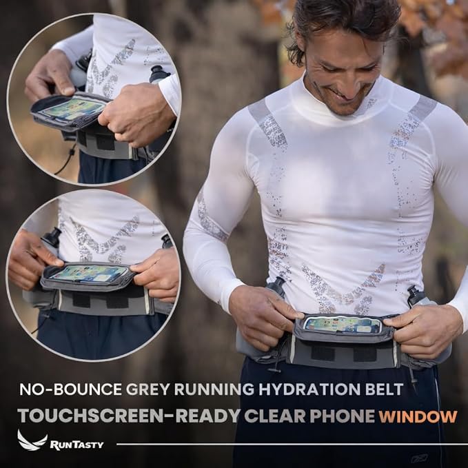 No.1 Hydration Belt by Runtasty - Premium Running Fuel Belt w/2 BPA-Free 10 oz Water Bottles, Tilt-Up Pocket w/Touchscreen-Ready Cover - Fits All iPhones, Runners Ebook & No-Bounce Design