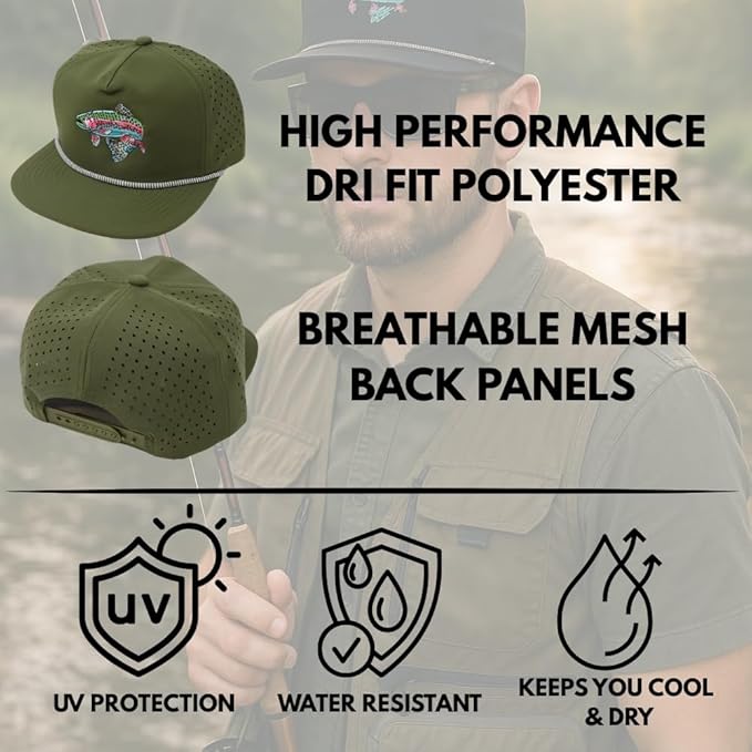 Trout Hat for Men - Dri-Fit Snapback Fishing Cap with Embroidered Rainbow Trout - Performance Laser Back Hat