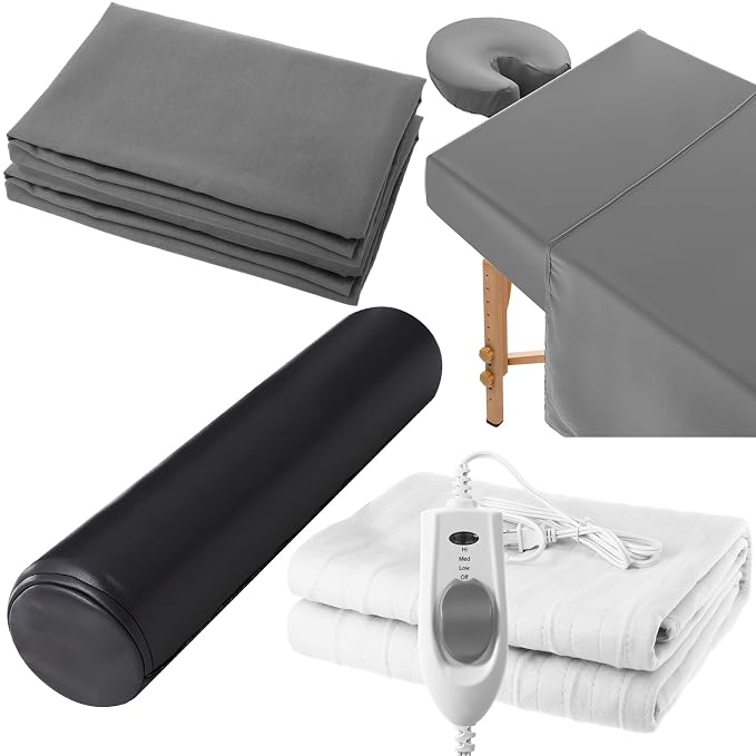 HunnmingRe 5 PCS 73 x 30 Massage Table Warmer with 3 Heat Settings(110v), Microfiber Massage Table Sheets Set Round Bolster Pillow Pad for Spa Bed, Includes Flat Sheet, Fitted Sheet, Face Rest Cover