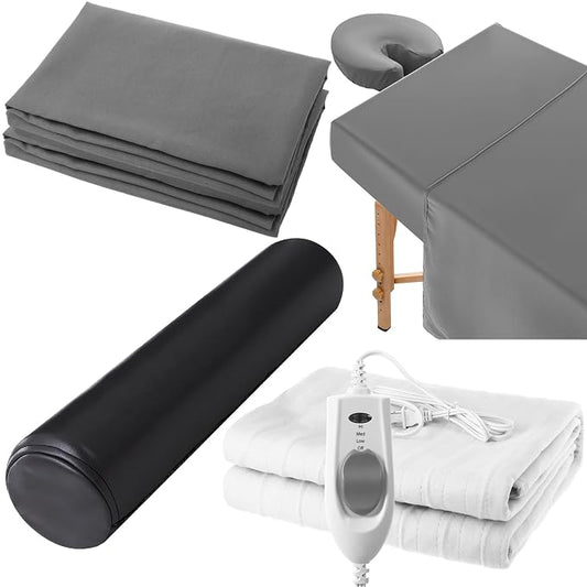 HunnmingRe 5 PCS 73 x 30 Massage Table Warmer with 3 Heat Settings(110v), Microfiber Massage Table Sheets Set Round Bolster Pillow Pad for Spa Bed, Includes Flat Sheet, Fitted Sheet, Face Rest Cover