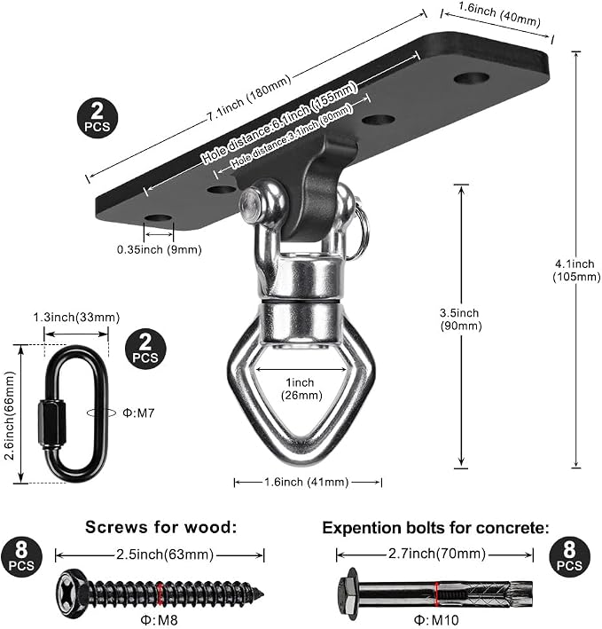 2Pack Ceiling Mount Swing Hanger with Bearing 900 LB Capacity Heavy Bag Hanger 360° Swivel Hook Hanging Chair Mount Stainless Steel Swing Hardware for Aerial Silks, Punching Bag, Hammock, Porch Swings