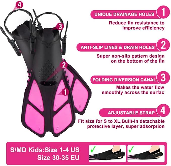 Kids Snorkeling Set - Adjustable Flippers + Panoramic Snorkel Mask + Dry Snorkel Tube + Travel Bags - Suitable for Kids & Juniors, Age 5-14