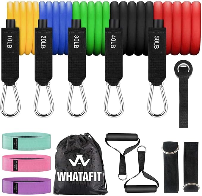 WHATAFIT Resistance Bands, Exercise Bands, Workout Bands with Handles, Door Anchor and Ankle Straps, 5 Resistance Levels Fitness Bands for Strength Training, Physical Therapy, and Home Gym Equipment