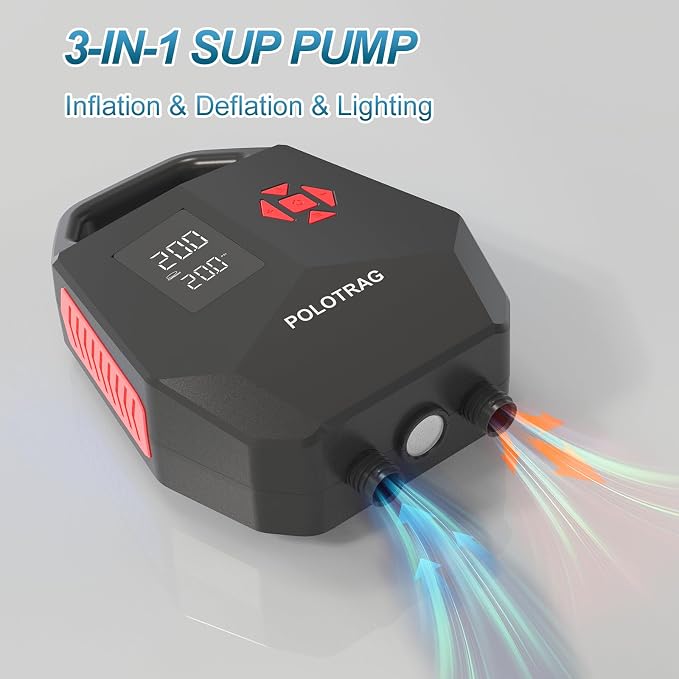 Polotrag Paddle Board Pump, SUP Pump Electric Portable with Auto-Off/Deflation, Dual Stage 12V DC Car Connector Air Pump for Inflatables, Kayak and Air Mattress