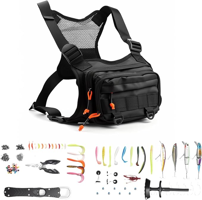 All in One Fishing Chest Pack Tackle Bag with Tackle Box, Fishing Lures Kit | Hook Remover Tool, Fish Lip Gripper, Fishing Plier Friendly for Beginners & Professional Anglers Gifts for Men (Black)
