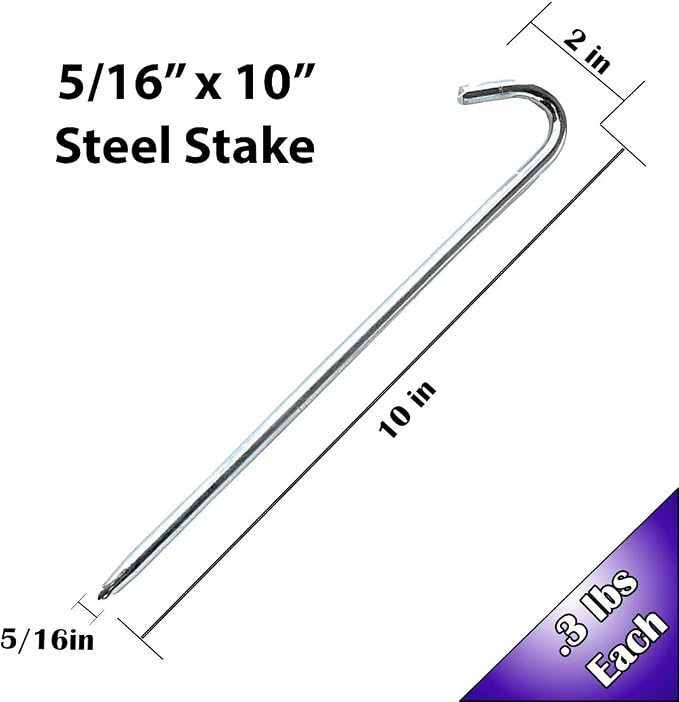 Steel Tent Stakes Heavy Duty Ground Stake, Metal Stakes to Anchor Commercial Inflatables, Outdoor Camping Canopy, Fence, Garden Tent Accessories, 5/6" Diameter x 10" Length, 25 Pack