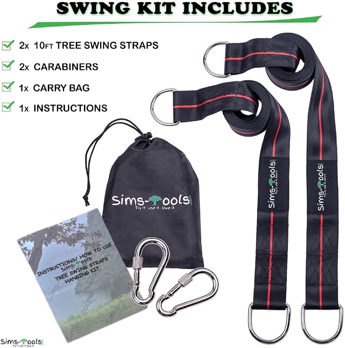Tree Swing Straps Hanging Kit - Two 10ft Extra Long Heavy Duty 2200lbs and Two Safe Lock Snap Carabiner - Perfect for Any Types of Swing - Fast and Easy Installation