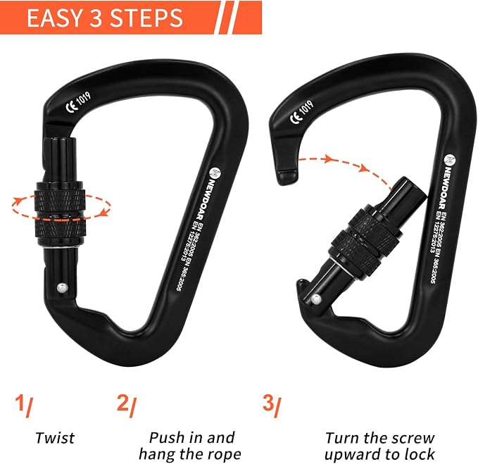 NewDoar CE Certified 30kN-6744lbs Climbing Carabiner Professional, Heavy Duty D Screwgate Clip, for Climbing,Rappelling,Hunting, Rescue