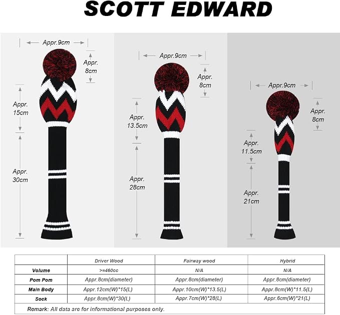 Scott Edward Knit Golf Club Cover with a Pom Set of 5 Head Covers Protect Driver Wood(460cc) 1 Fairway Wood2 and Hybrid/UT2 with Rotating Club Number Tags