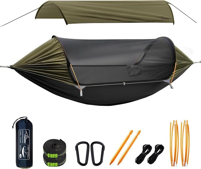 Camping Hammock Tent with Mosquito Net and Removable Sunshade, 4 in 1 Function, Lightweight Hanging Hammocks Tree Straps Swing, Bivvy Ground Tent for Outside, Hiking, and Travel