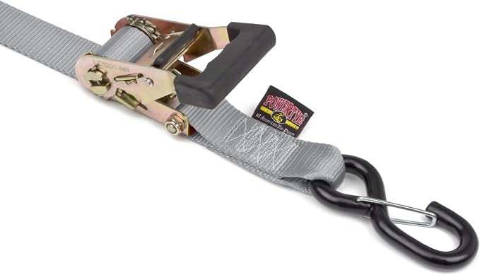 PowerTye 1.5in x 7ft Rubber Handle Ratchet Straps with SHEEPTEX Synthetic Sheepskin Soft-Tye w/Heavy Duty Latch-Hooks - 1,200 lb. WLL / 3,600 lb. Breaking Strength - Made in USA, Silver (Pair)