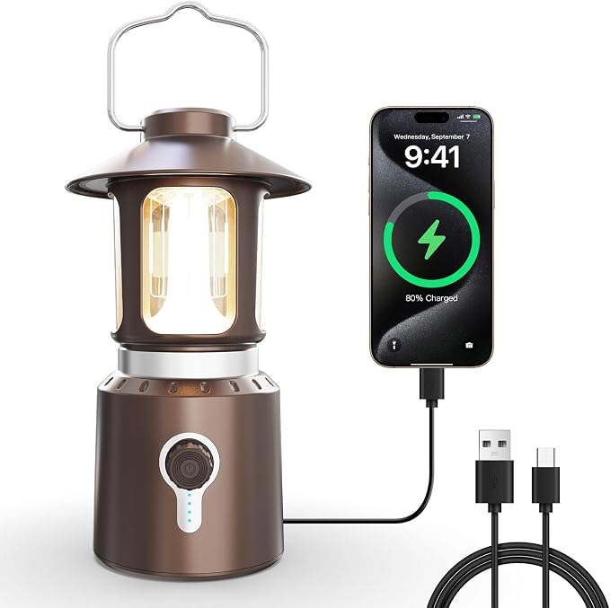 LED Camping Lantern, 8000mAh Telescopic Vintage Rechargeable Lantern, Dual Light Source & 3 Light Modes (2000K-6500K), 360° Lighting Emergency Lights for Camping, Home Power Outage, Hurricane, Hiking