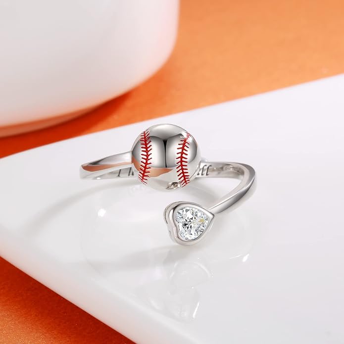 925 Sterling Silver Basketball Softball Baseball Football Tennis Racket Ring Adjustable Sports Jewelry Gifts for Women Player Mom