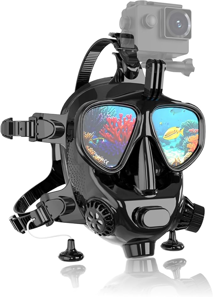 Full Face Dive Mask Support Diving & Snorkeling, Full Face Snorkel Mask Adjustable Scuba Mask with Camera Mount Provide 180° View Panoramic Compatiable with SMACO 1L/1.9L Mini Scuba Tanks