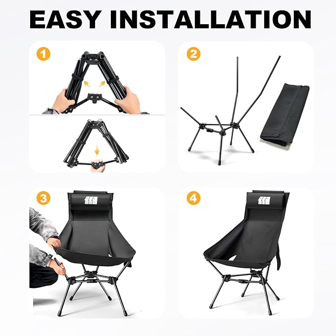 High Back Camping Chairs for Adults Heavy Duty, Portable Folding Camp Chair with Headrest & Side Pockets, Compact Backpacking Chair Supports 330 Lbs for Outdoor Travel Hiking Beach, Black