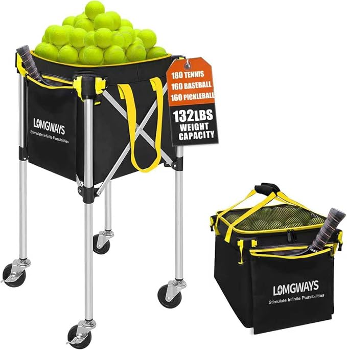 Pickleball Tennis Hopper–Foldable Cart Holds 180 Tennis/160 Pickleballs | Large Capacity |Lightweight with Wheels | Removable Bag| Side Pocket | Multi-Sport Use